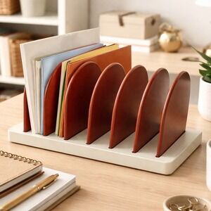 Vintage Mid Century Modern Wood Record Rack Letter Sorter Cream Cognac 7 Slot